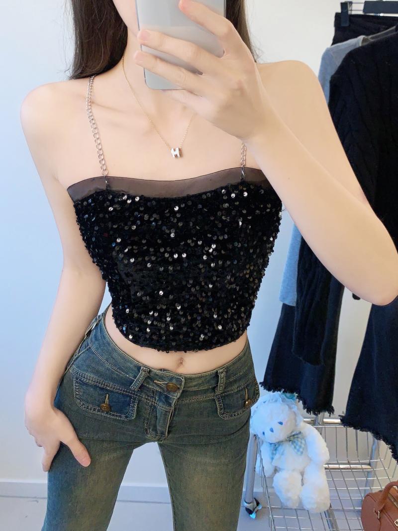 ****~實拍閃閃亮片性感網紗拼接抹胸短款小吊帶背心女