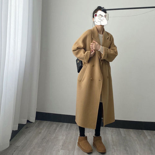 2023 popular autumn and winter mid-length over-the-knee double-sided fleece coat for women high-end simple petite woolen coat
