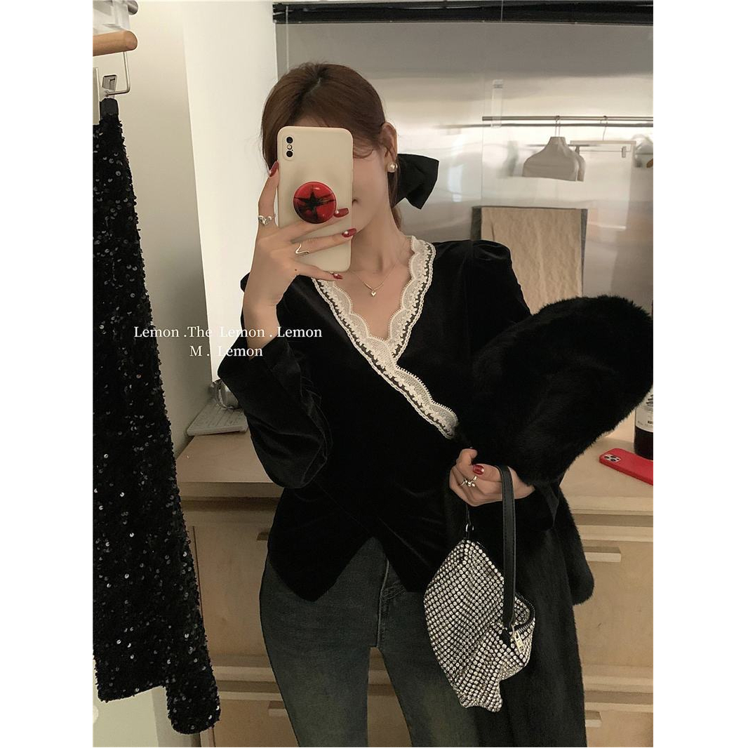 法式復古V領蕾絲拼接絲絨襯衫女不規則打底衫氣質名媛長袖T恤上衣