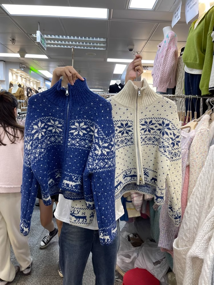 綿羊絨2024秋冬雪花甜美百搭寬鬆減齡拉鏈開衫女毛衣
