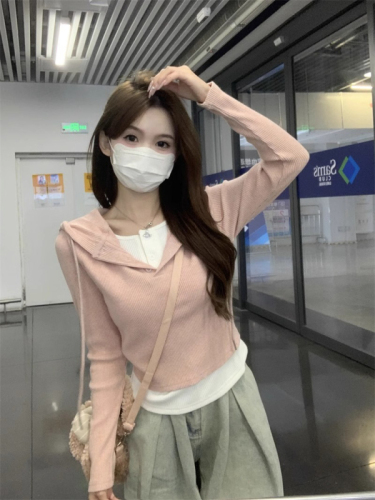 Original version, well-made, color-blocked faux two-piece hoodie with drawstring for women's winter slim-fit short top for petite figures