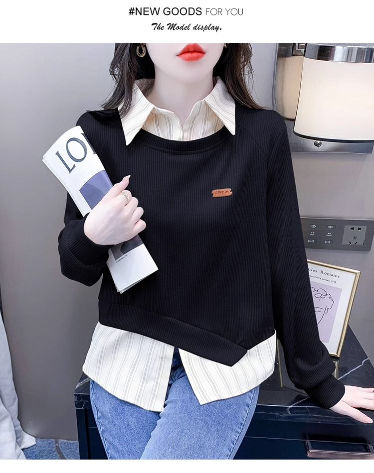 原版做工假兩件拼接衛衣女秋冬2023新款時尚寬鬆顯瘦polo領上衣