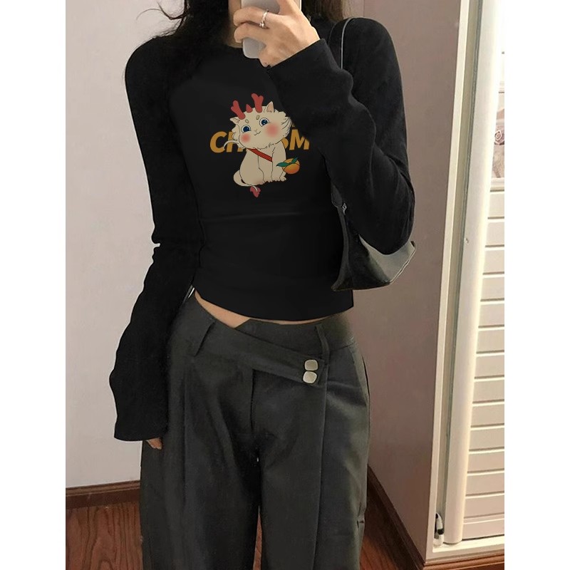 黑色長袖T恤女秋冬新款高腰露臍印花修身顯瘦短款打底衫上衣