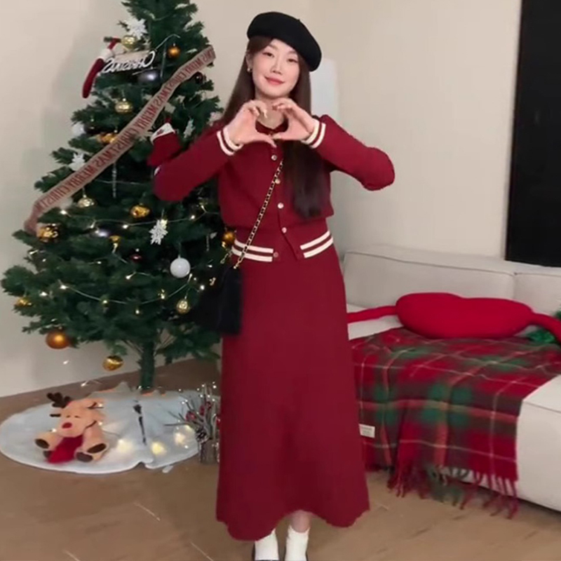 深秋冬裝搭配一整套新年過年針織毛衣半身裙兩件套裝韓劇穿搭女裝