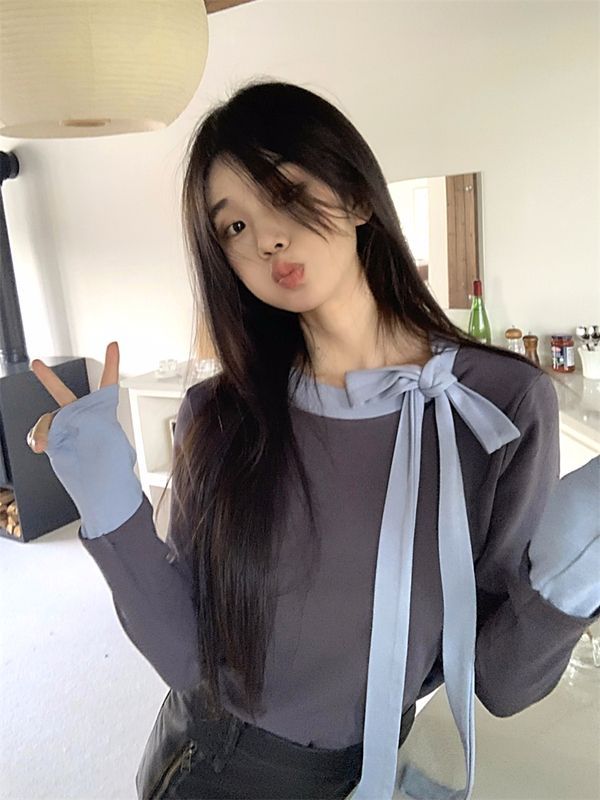 溫柔風假兩件打底衫女秋冬2023新款撞色拼接綁帶蝴蝶結設計感上衣