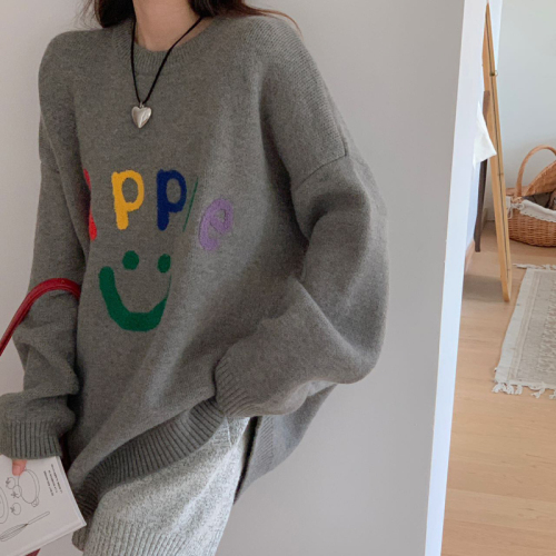 Colorful letters smiley face jacquard lazy style pullover sweater for women 2023 autumn and winter loose niche temperament sweater