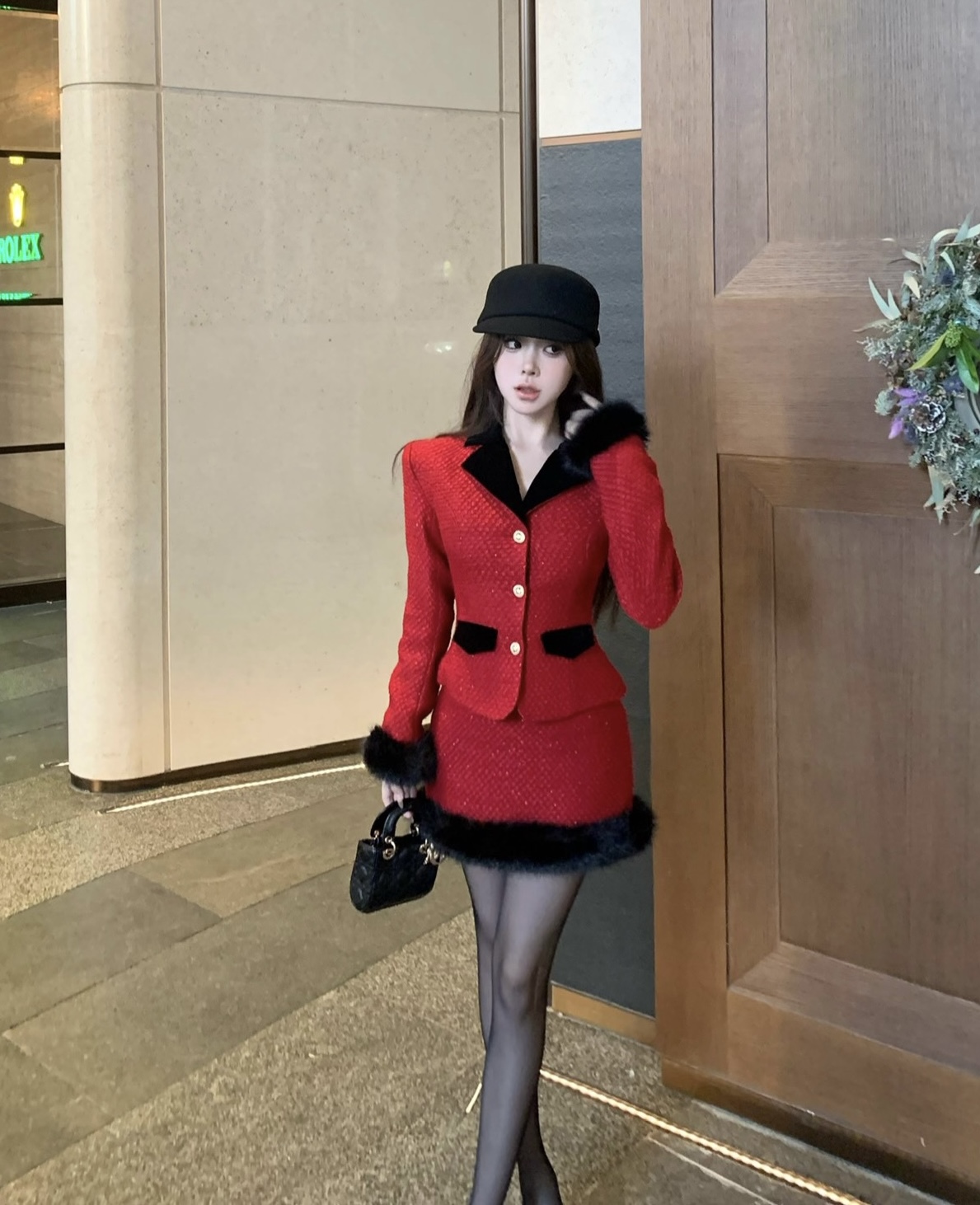 新年富家千金紅色小香風套裝過年喜慶