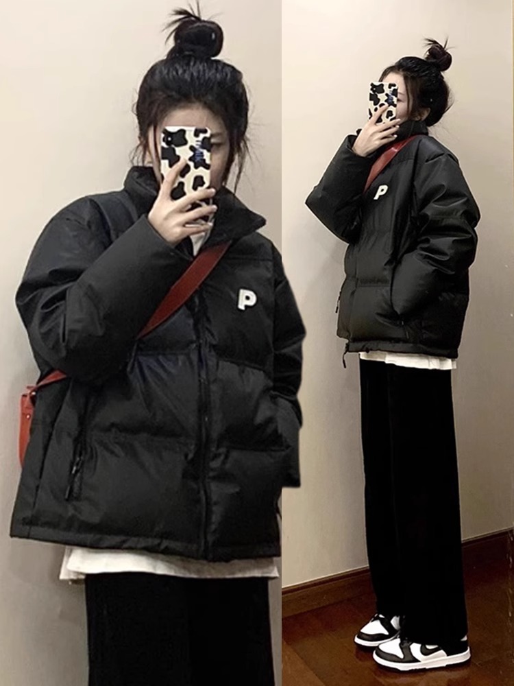 高品質PU皮棉服手塞棉加厚冬季新款寬鬆印花棉服麵包服女外套