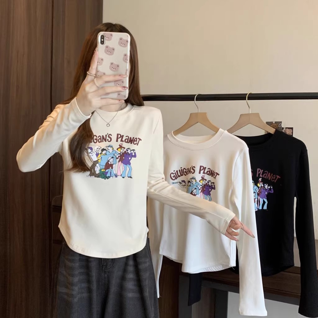 流行卡通印花t恤打底衫女款秋冬黑色辣妹內搭德絨加厚修身上衣ins
