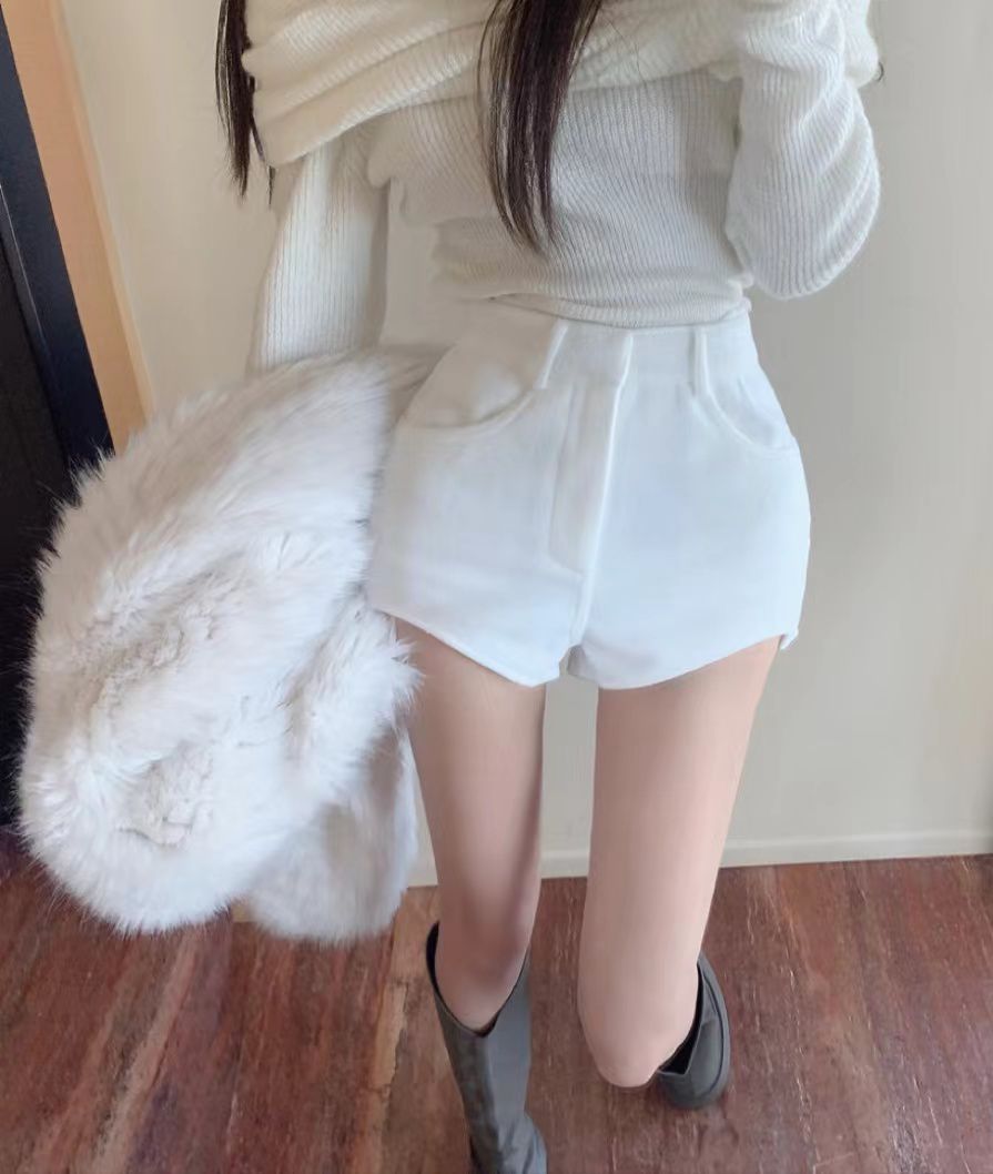 實拍黑色毛呢高腰短褲女秋冬a字不規則加厚呢子靴褲冬季外穿
