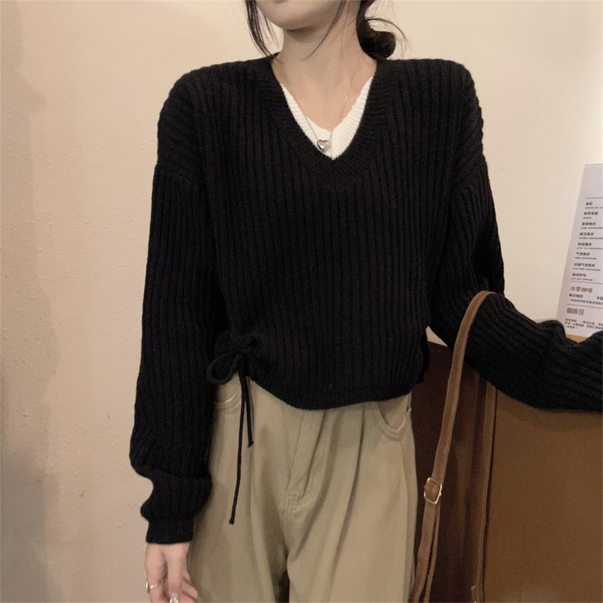 實拍假兩件短款毛衣女外穿秋冬大朗v領針織打底衫上衣