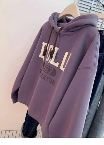 Original workmanship purple velvet hooded front shoulder sweatshirt for women autumn and winter European goods for small people  new style