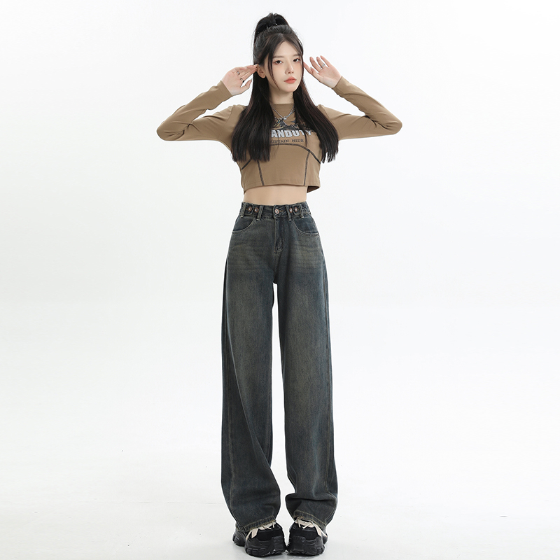 實拍 復古高腰多扣可調節直筒牛仔褲女美式百搭超柔拖地長褲