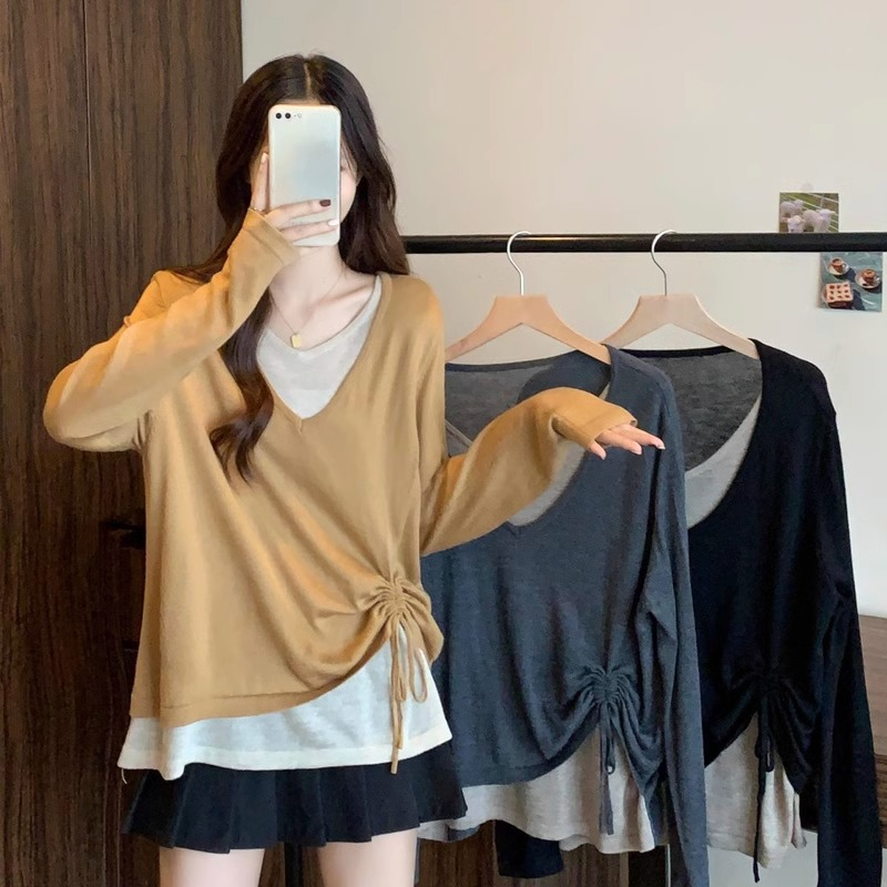 原版做工 打底衫2023新款女秋冬大碼寬鬆假兩件V領長袖慵懶上衣