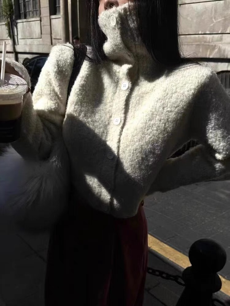 韓系冬季單排扣加厚高領軟糯毛衣開衫外套女短款針織衫外穿上衣