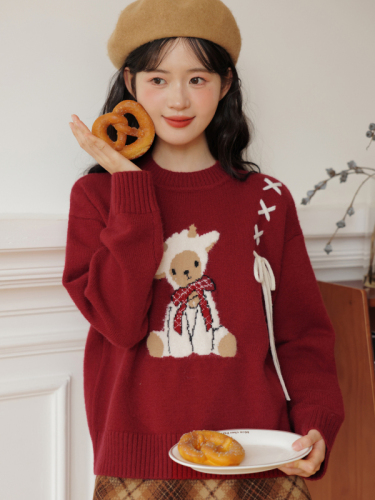2023 new style strappy bow sweater for women small red design soft waxy knitted top autumn and winter