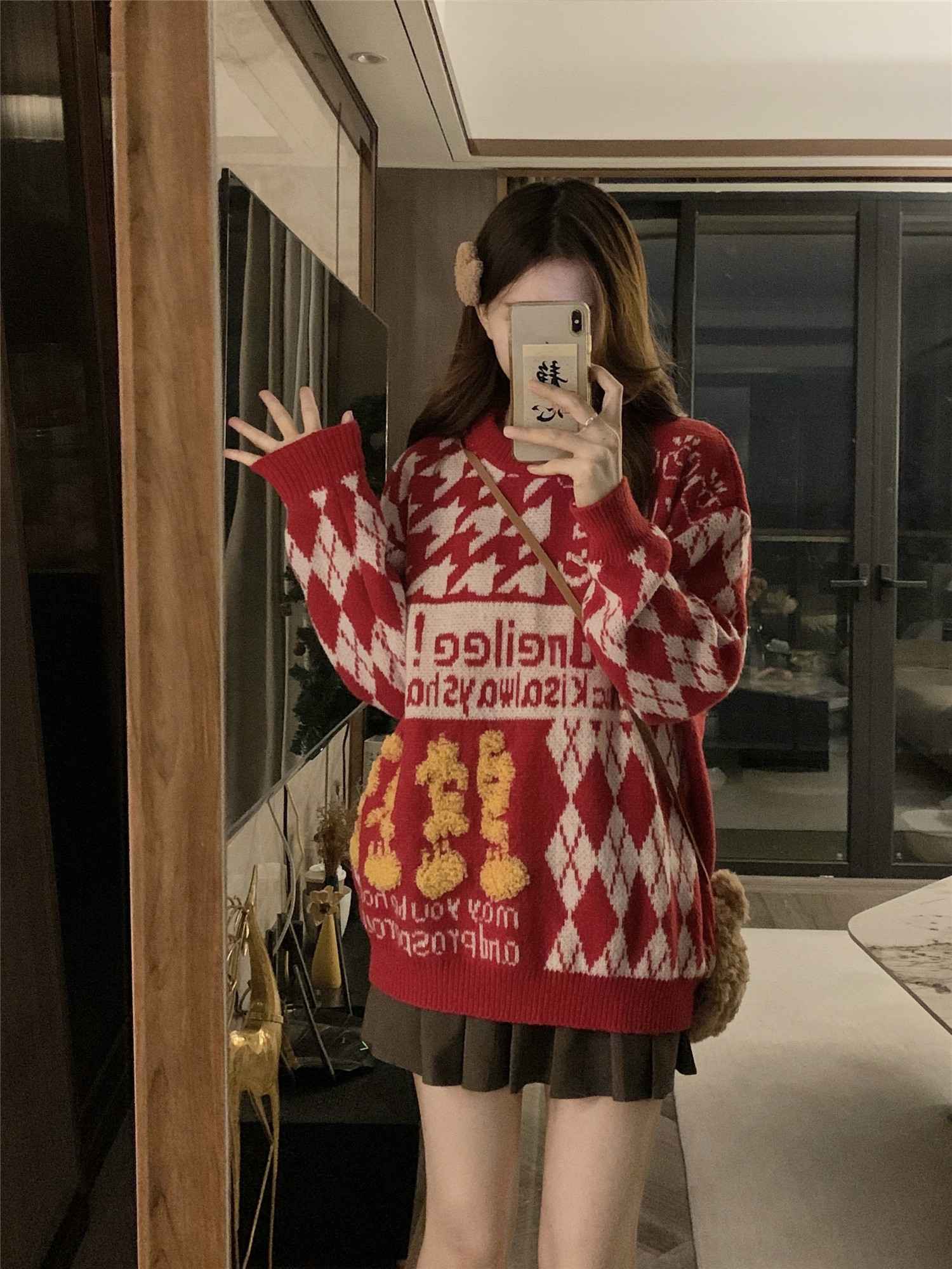 國潮美式hiphop創意植絨情侶毛衣女秋冬設計感慵懶風紅色針織線衫