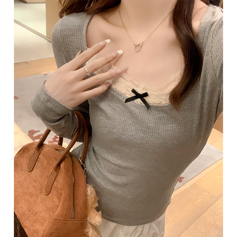 實拍純欲小香風蕾絲拼接打底衫女秋冬設計感內搭修身長袖上衣