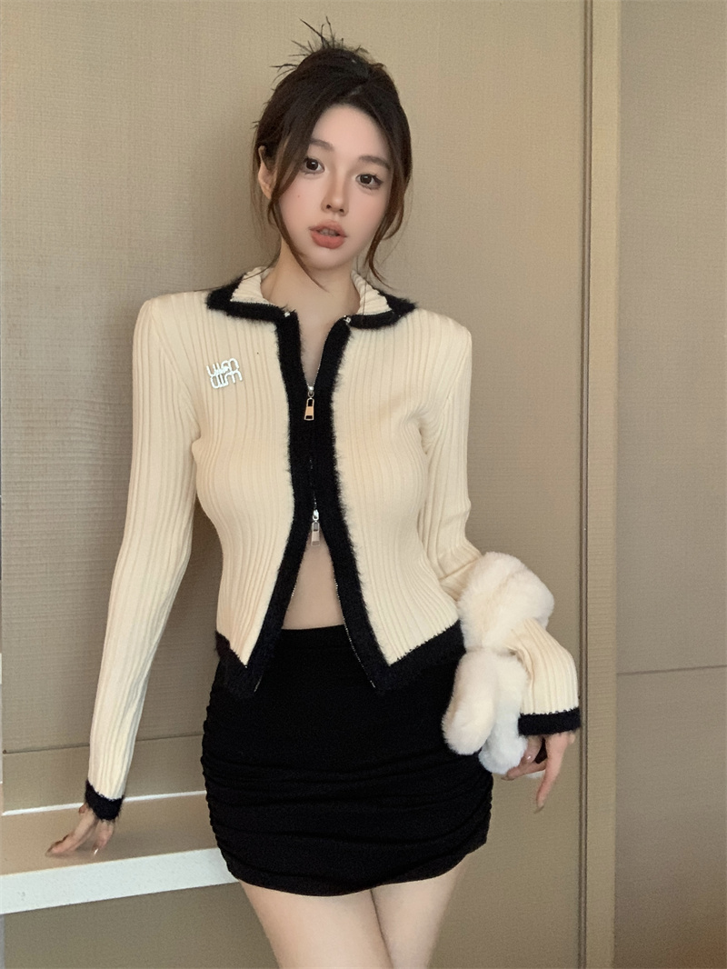 實拍  秋冬新款氣質拼色拼接毛毛針織開衫雙頭拉鏈上衣女