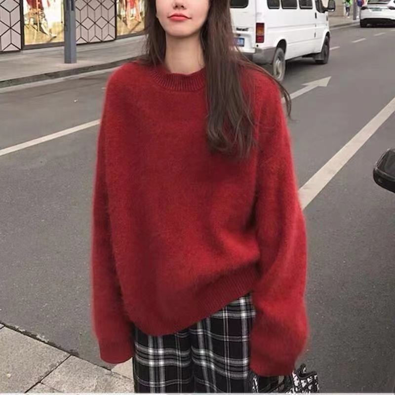 很仙的套頭毛衣2023冬季新款寬鬆圓領加厚慵懶風針織衫上衣女外穿