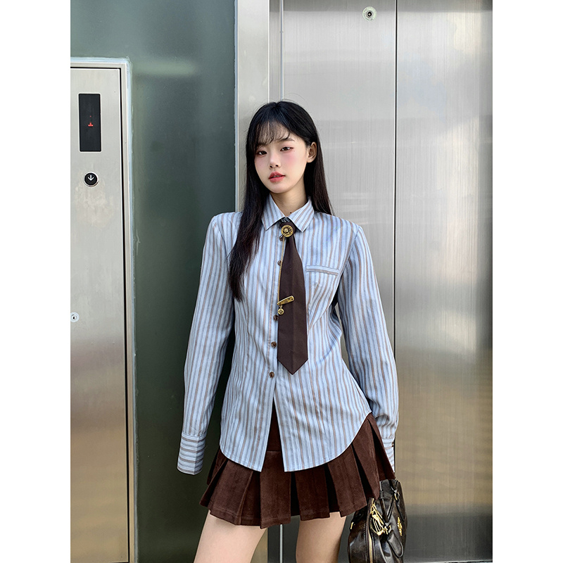 小仙倪子條紋襯衫女2023新款秋冬法式上衣內搭小個子藍色長袖襯衣