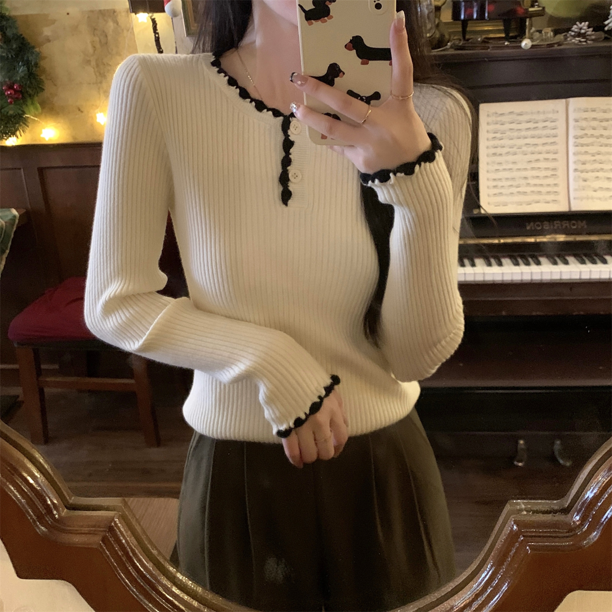 實拍 秋冬韓版修身撞色花邊紐扣設計感內搭厚針織打底衫毛衣
