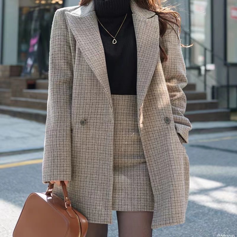2024新款秋冬韓版時尚中長款外套包臀短裙女兩件套格子毛呢套裝女
