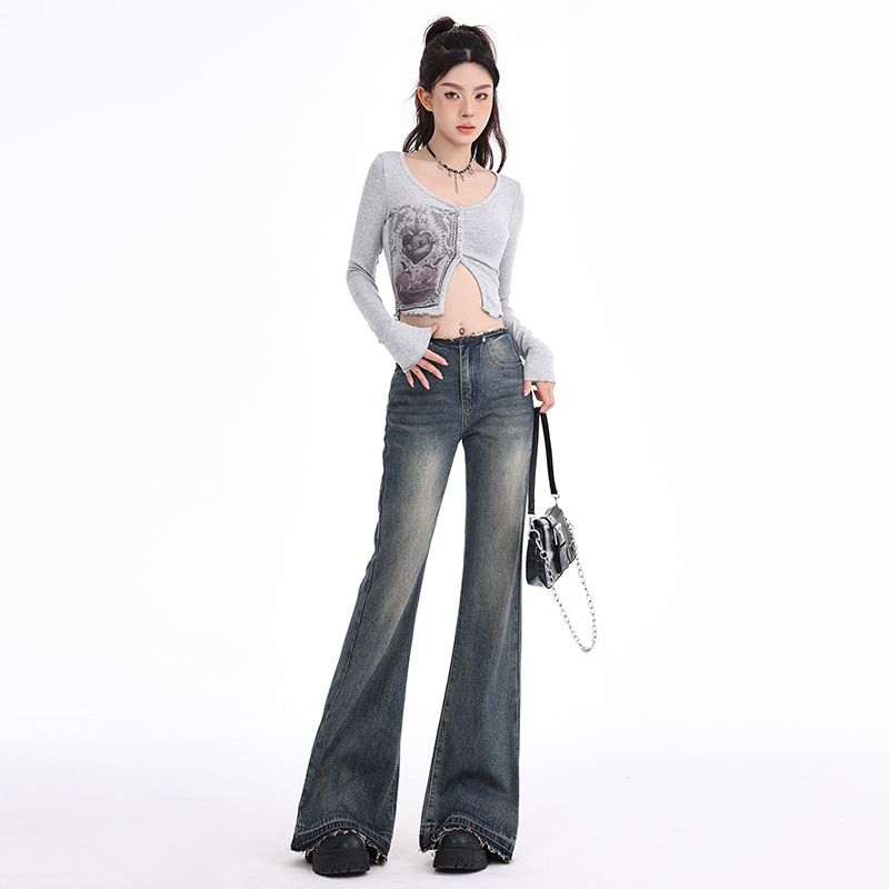 實拍~2024美式復古微喇牛仔褲女高街辣妹低腰毛邊顯瘦拖地闊腿褲