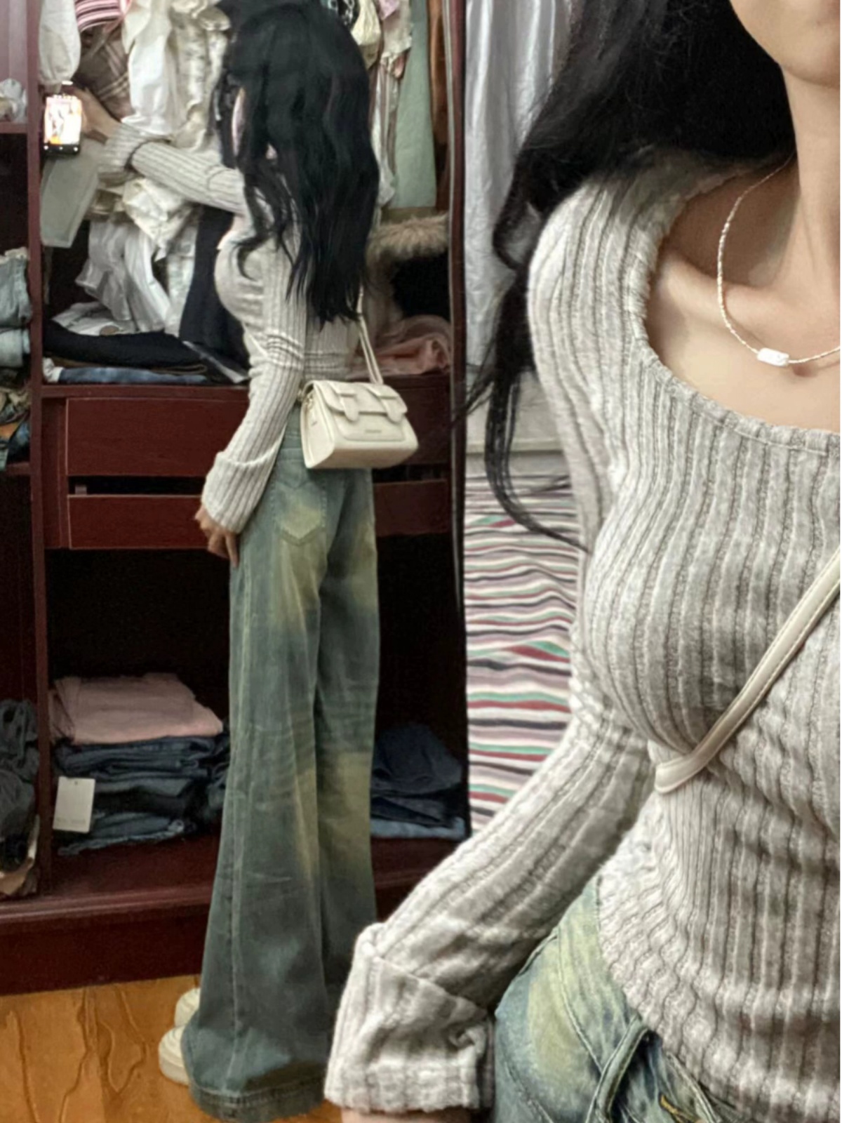 方領長袖針織衫女秋冬2023新款喇叭袖修身顯瘦內搭打底衫短款上衣