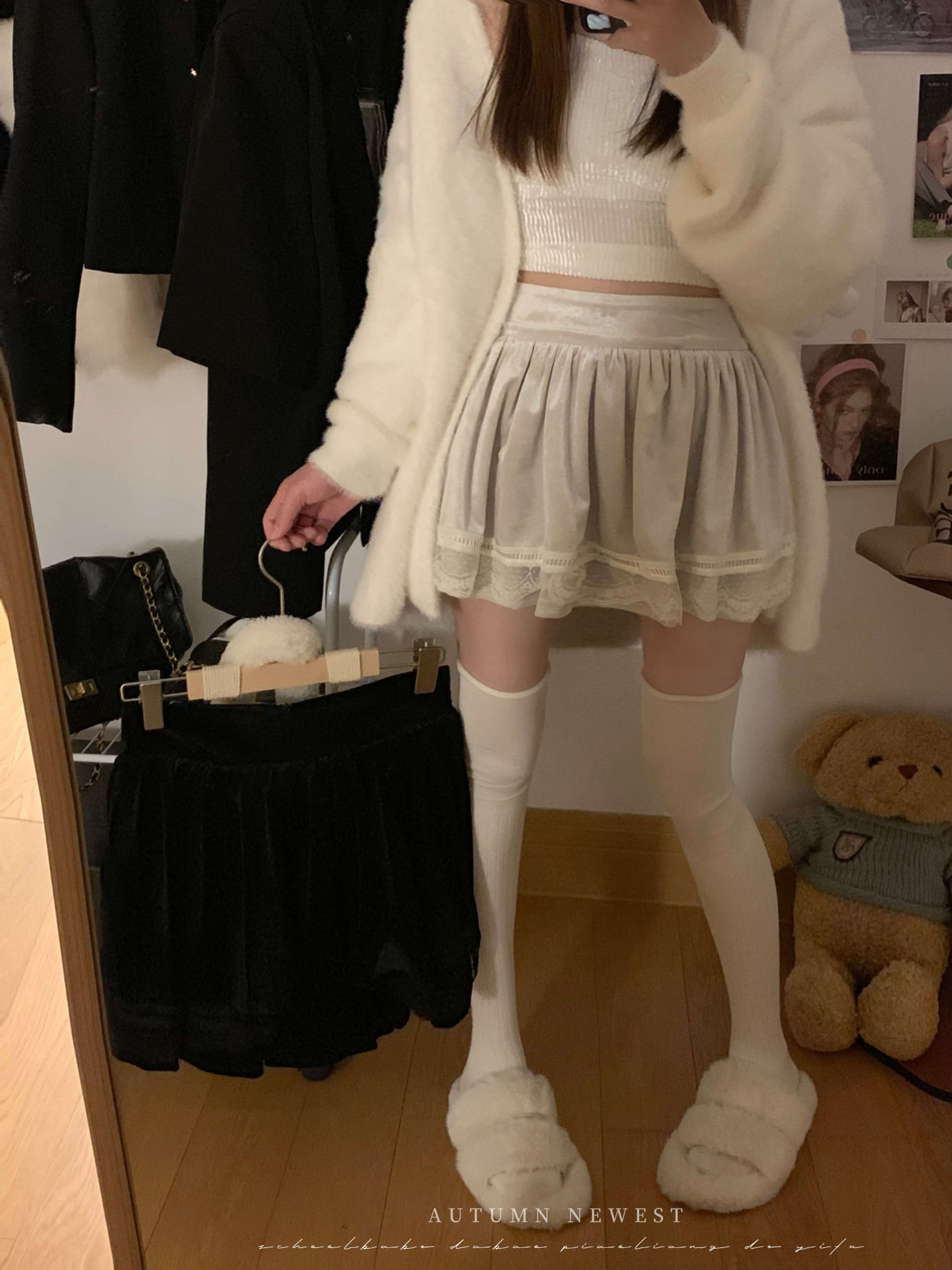 實拍 蕾絲拼接蛋糕半身裙女高腰A字裙蓬蓬裙冬季防走光短裙子
