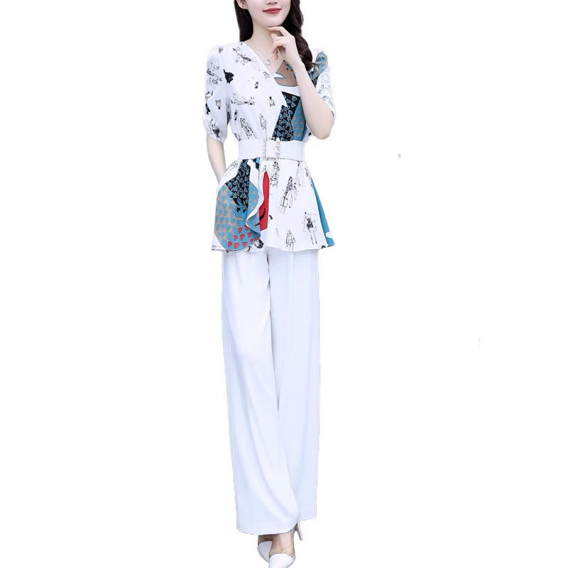 夏季新款套裝女2023年減齡顯瘦氣質收腰雪紡闊腿褲兩件套