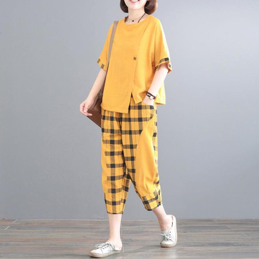 套裝女2023新款時尚套裝女裝大碼洋氣格子拼接寬鬆兩件套夏九分褲