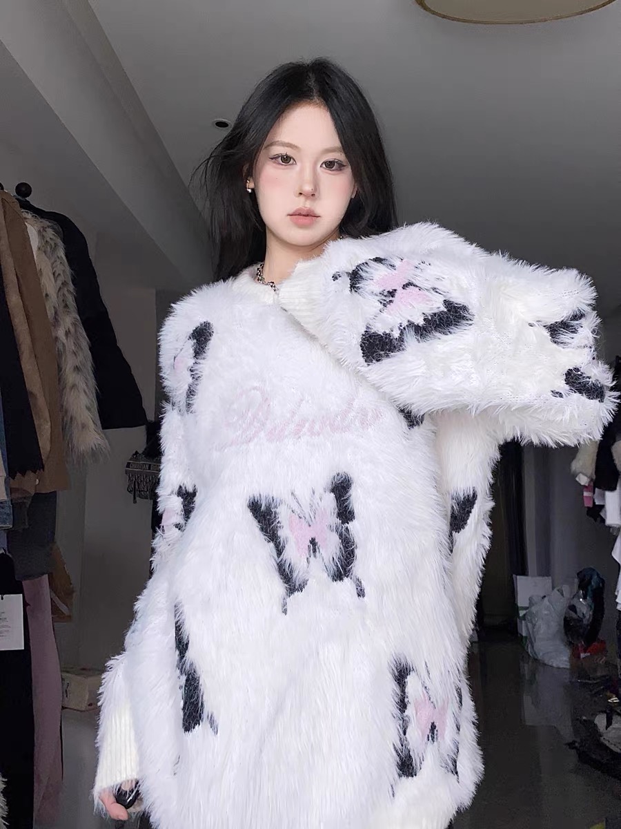 美式慵懶風蝴蝶秋冬毛衣設計感圓領小眾套頭寬鬆針織衫女上衣