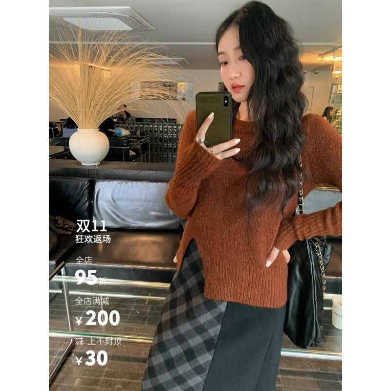 任小藝美拉德毛衣女冬季新款設計感不規則開叉純色圓領針織上衣