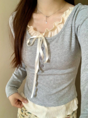 Design sense niche new style fake two-piece undershirt women's autumn and winter ballet style bow tie slimming top fashion 