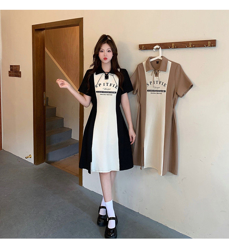 連衣裙女夏季微胖MM大碼復古拼色polo系帶印花休閒顯瘦a字裙