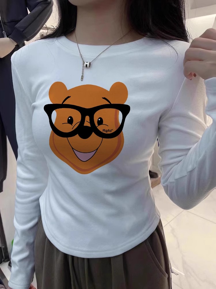甜辣風加絨加厚上衣服秋冬季女款正肩圓領簡約印花短款t恤打底衫