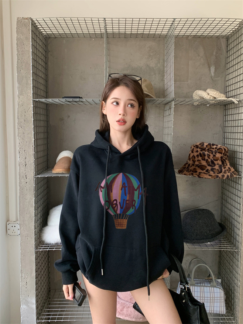 實拍 美式街頭復古黑色字母加絨連帽衛衣女寬鬆oversize外套