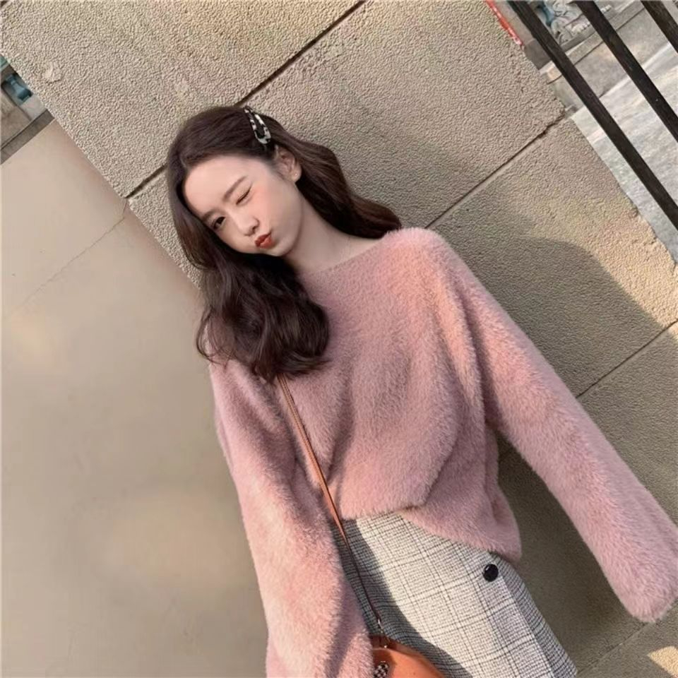 秋冬新款網紅慵懶風長袖粉色水貂絨毛衣女寬鬆外穿打底針織衫上衣