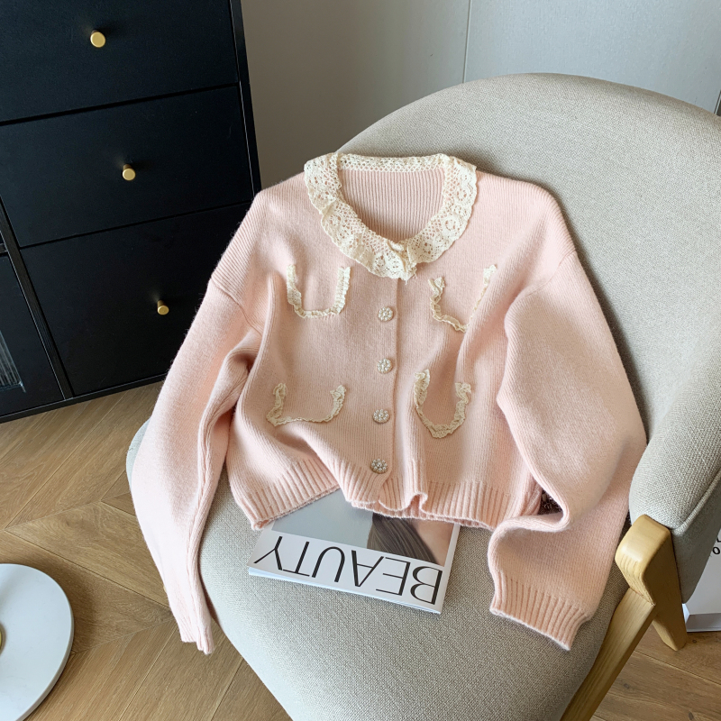 2024 spring sweet girl outfit sweater jacket Korean style short lazy style pink knitted cardigan top