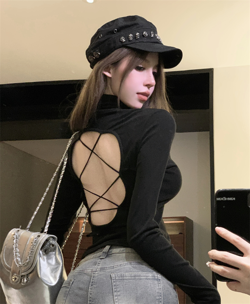 實拍 性感高領露背顯瘦長袖上衣鏤空內搭打底衫修身百搭t恤女
