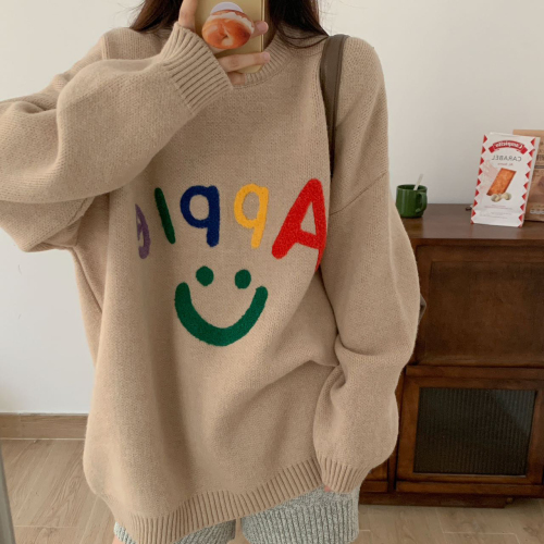Colorful letters smiley face jacquard lazy style pullover sweater for women 2023 autumn and winter loose niche temperament sweater