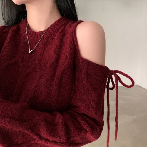 韩国chic新年红色氛围露肩毛衣长袖针织上衣女