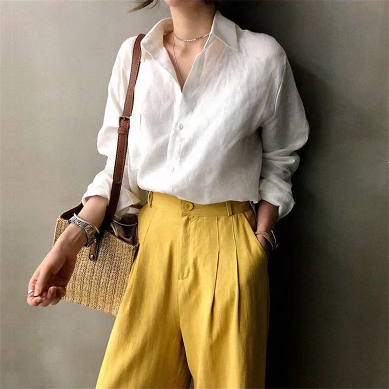 韓版POL領長袖亞麻寬鬆襯衫女 2024新港澳風氣質亞麻休閒襯衣大碼
