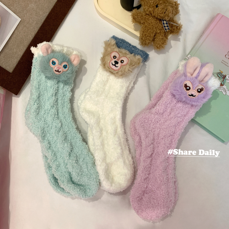 實拍 毛絨襪子女中筒襪珊瑚絨加厚保暖卡通玩偶毛毛睡眠襪