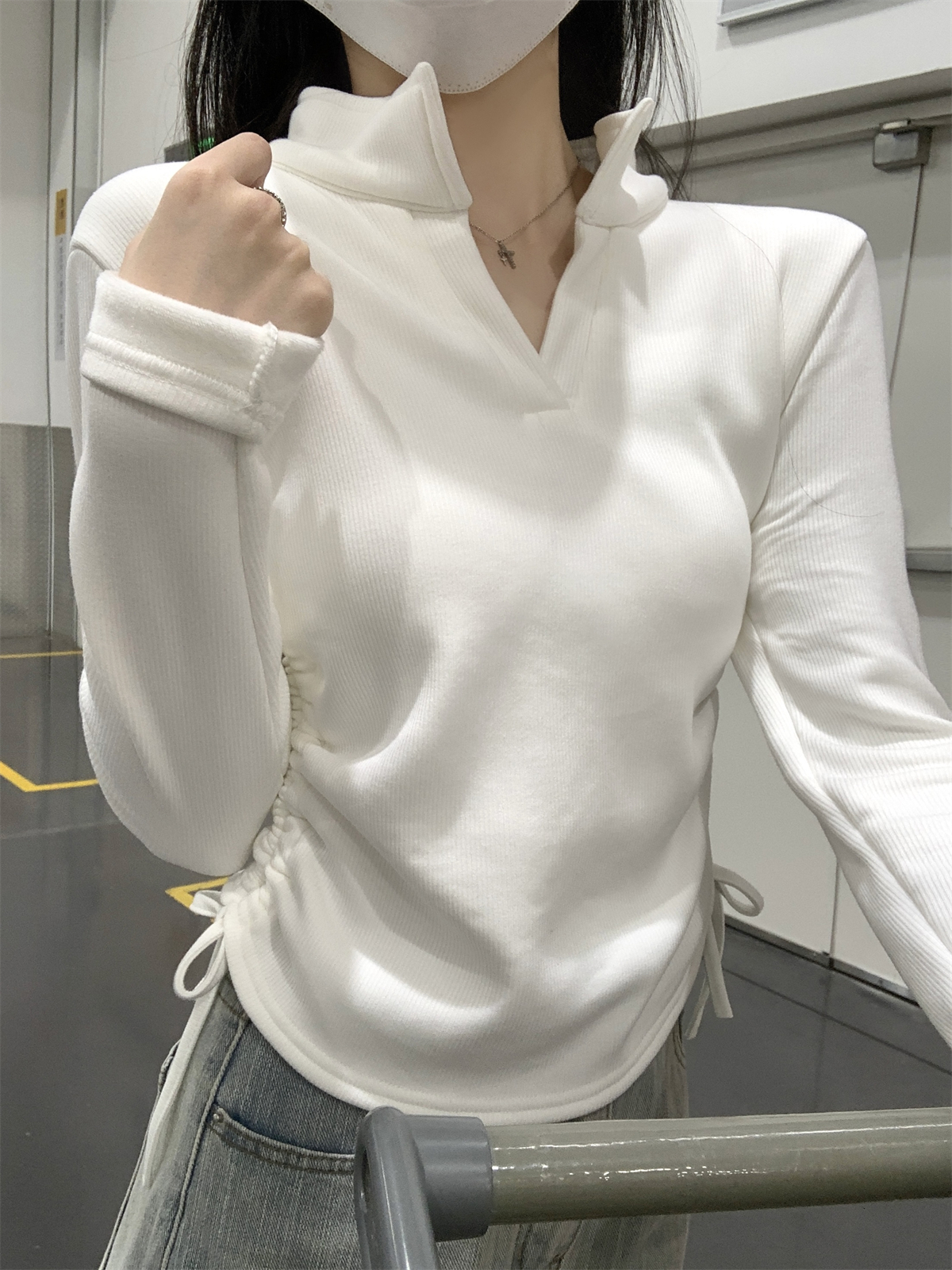 實拍 秋冬韓版修身半開領抽繩顯瘦複合加絨內搭T恤打底上衣女