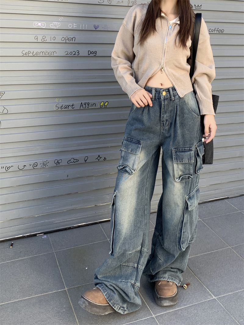 實拍~高街工裝牛仔褲女闊腿寬鬆多口袋設計感水洗做舊褲