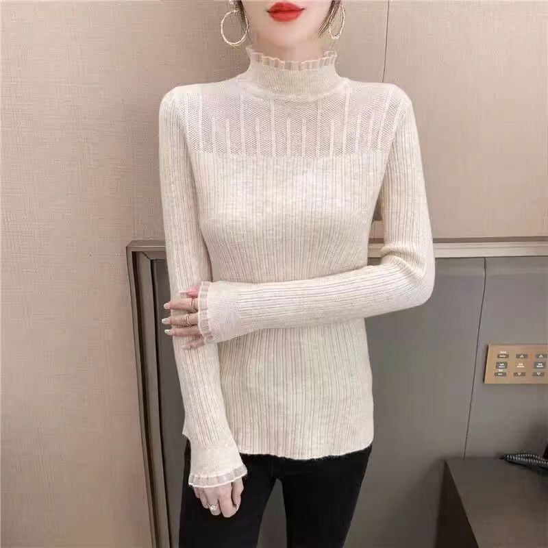 蕾絲拼接半高領打底衫女新款2023秋冬毛衣內搭長袖修身顯瘦針織衫