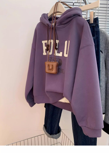 Original workmanship purple velvet hooded front shoulder sweatshirt for women autumn and winter European goods for small people  new style