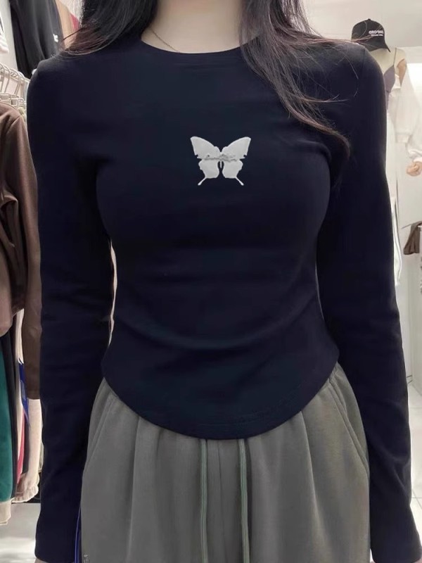 美式辣妹德絨打底衫女春秋新款修身內搭短款長袖正肩t恤上衣